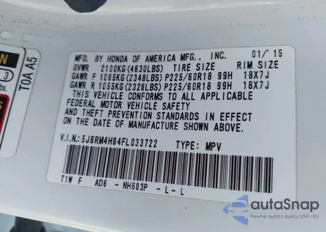 2015 Honda Cr-V Touring из США, поврежденный, VIN 5J6RM4H94FL033722